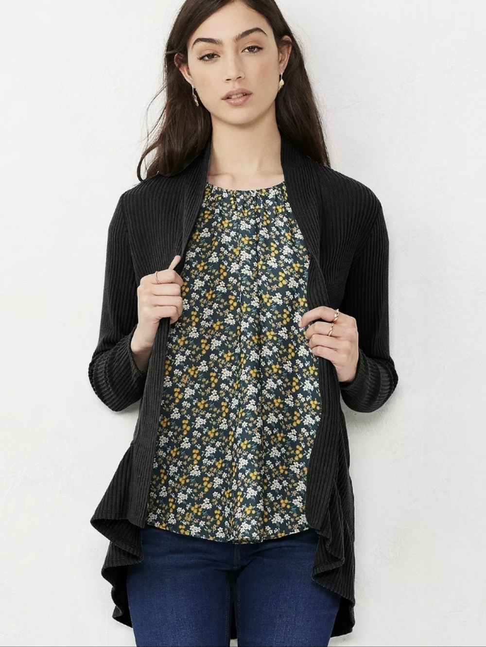 LC Lauren Conrad Black Tiered Open Front Long Sleeve Layering Cardigan XL